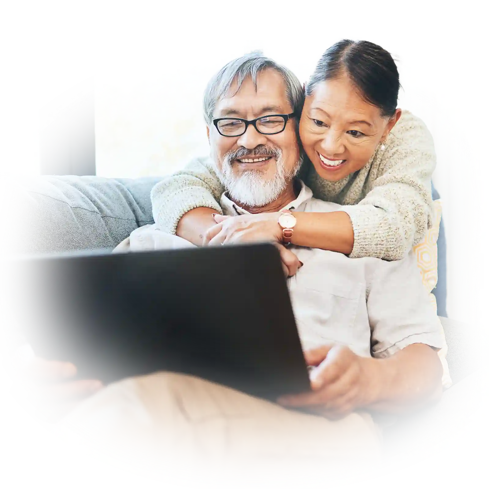 laptop smile and senior couple on a sofa